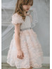 Short Sleeves Pink Dotted Tulle V Back Flower Girl Dress